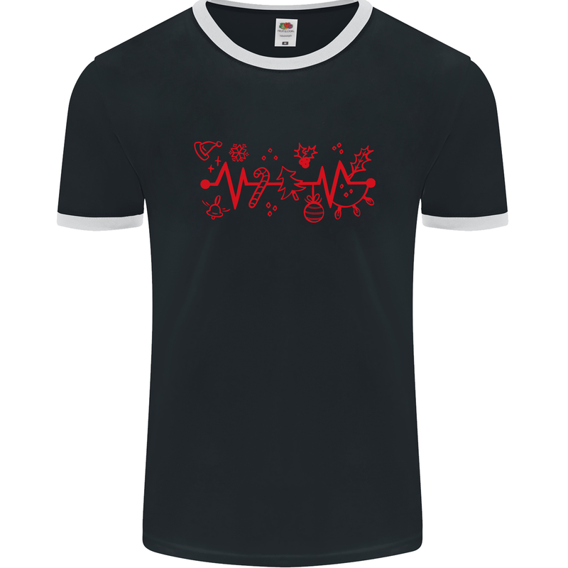 Christmas ECG Xmas Heartbeat Love Heart Mens Ringer T-Shirt FotL Black/White