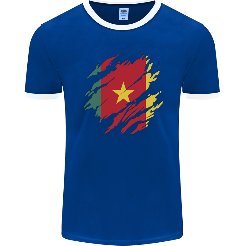 Torn Cameroon Flag Cameroonian Day Football Mens Ringer T-Shirt FotL Royal Blue/White