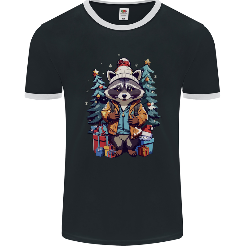 A Cool Christmas Racoon Xmas Mens Ringer T-Shirt FotL Black/White