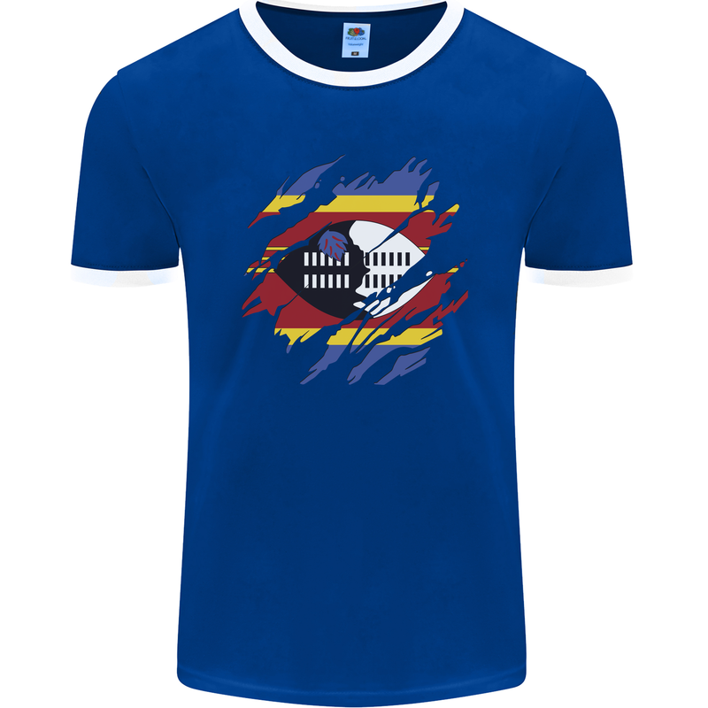 Torn Swaziland Flag Swazi Day Football Mens Ringer T-Shirt FotL Royal Blue/White