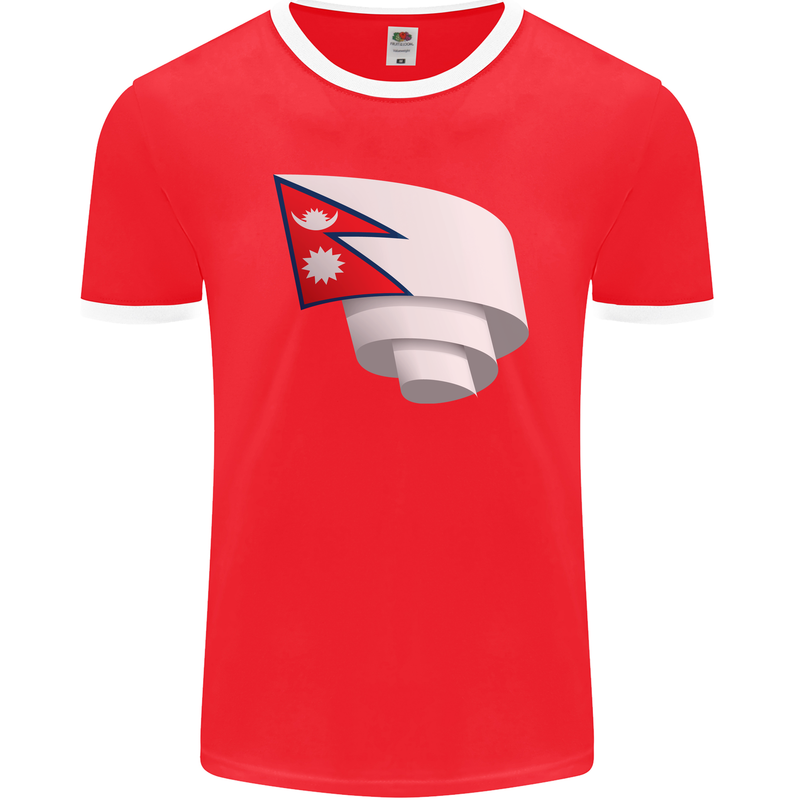 Curled Nepal Flag Nepalese Day Football Mens Ringer T-Shirt FotL Red/White