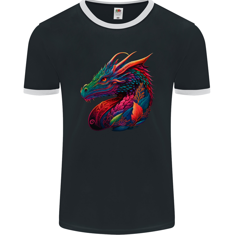 A Colourful Dragon Fantasy Mens Ringer T-Shirt FotL Black/White