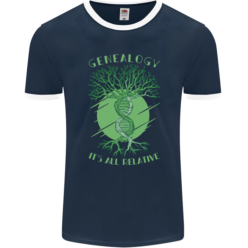 Genealogy Its All Relative Funny DNA Ancestry Mens Ringer T-Shirt FotL Navy Blue/White