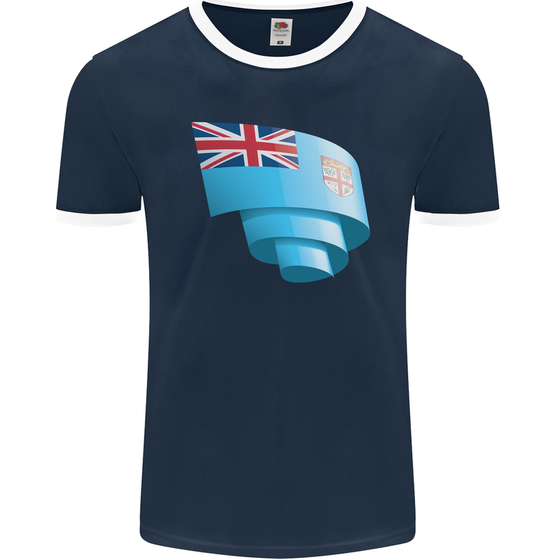 Curled Fiji Flag Fijian Day Football Mens Ringer T-Shirt FotL Navy Blue/White