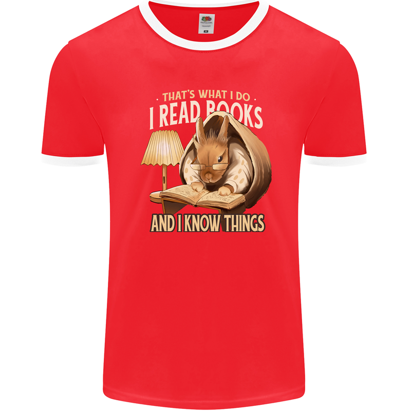 I Read Books & Know Things Bookworm Rabbit Mens Ringer T-Shirt FotL Red/White