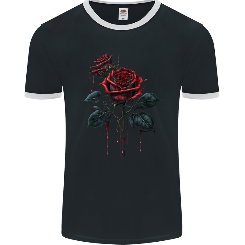 2 Roses Dripping With Blood Gothic Goth Mens Ringer T-Shirt FotL Black/White