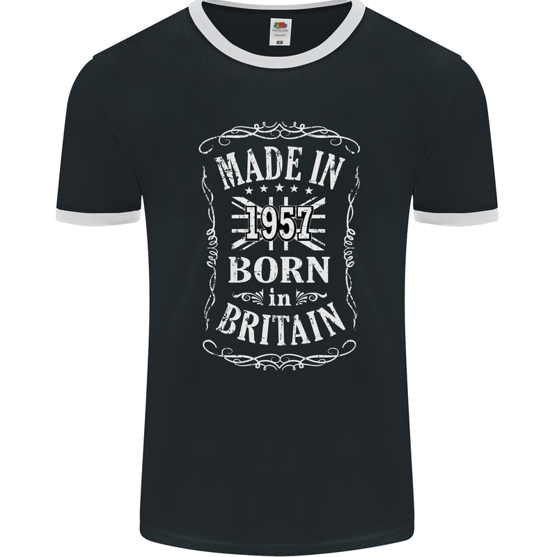 Born In Britain 66th Birthday Made 1957 Mens Ringer T-Shirt FotL Black/White