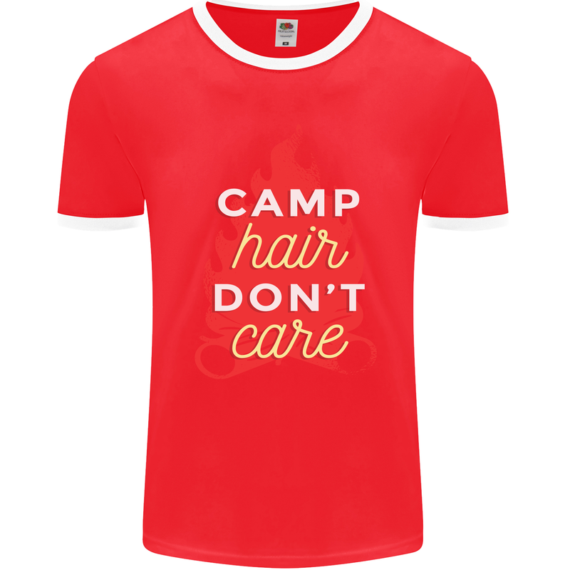 Funny Camping Camp Hair Dont Care Caravan Mens Ringer T-Shirt FotL Red/White