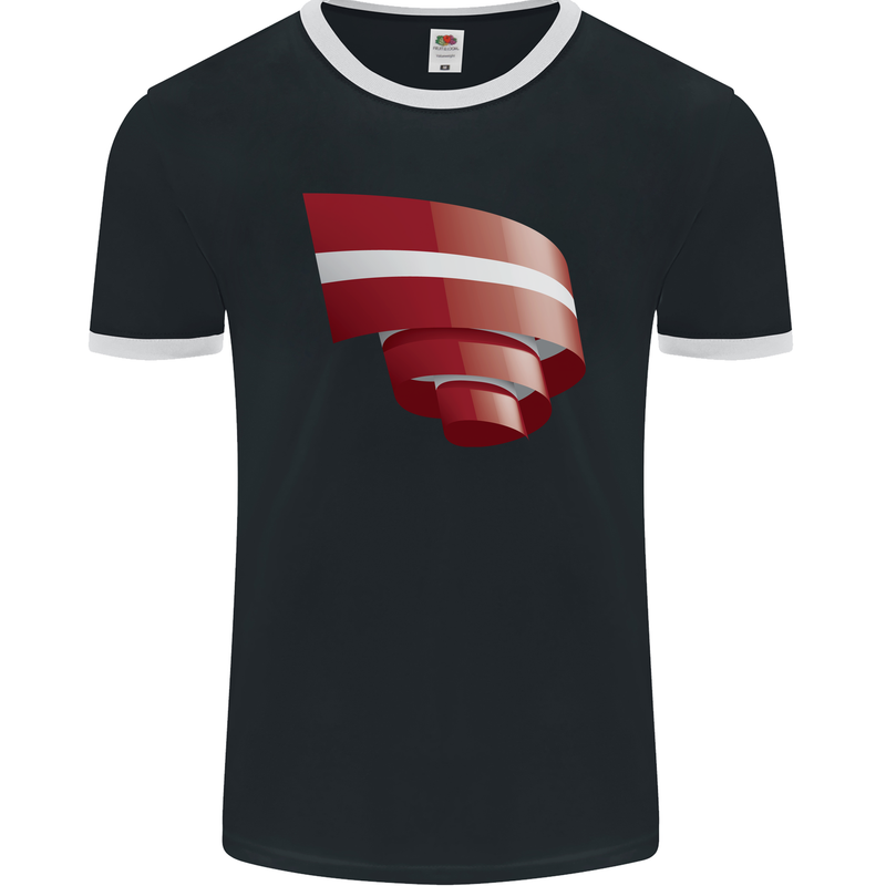Curled Latvia Flag Latvian Day Football Mens Ringer T-Shirt FotL Black/White