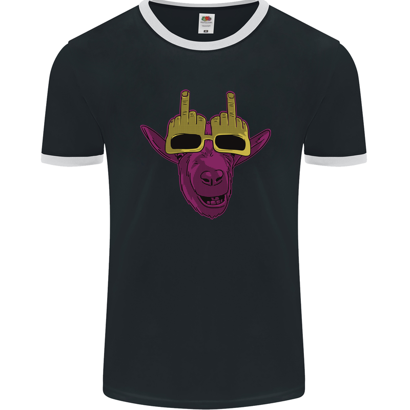 Offensive Goat With Finger Flip Glasses Mens Ringer T-Shirt FotL Black/White