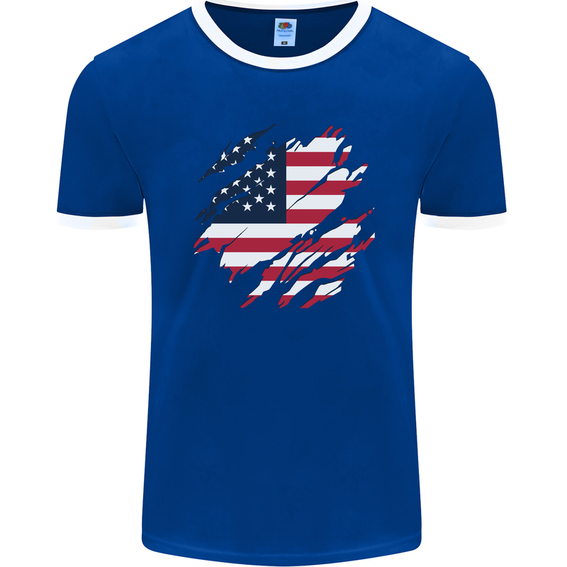 Torn USA Flag Independance Day Football Mens Ringer T-Shirt FotL Royal Blue/White