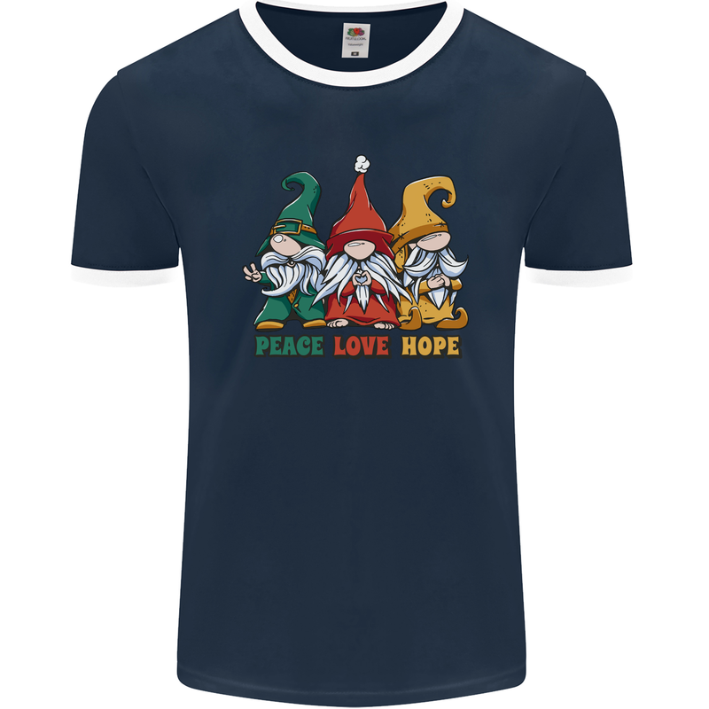 Peace Love Hope 3 Gnomes Mens Ringer T-Shirt FotL Navy Blue/White