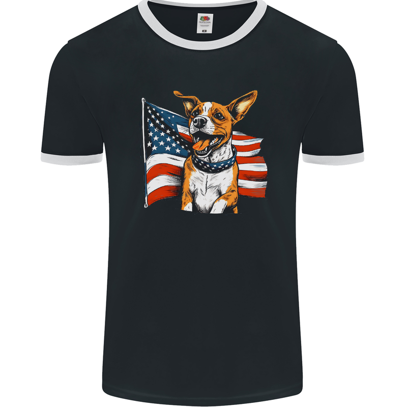 A Jack Russell With USA Flag America Dog Mens Ringer T-Shirt FotL Black/White