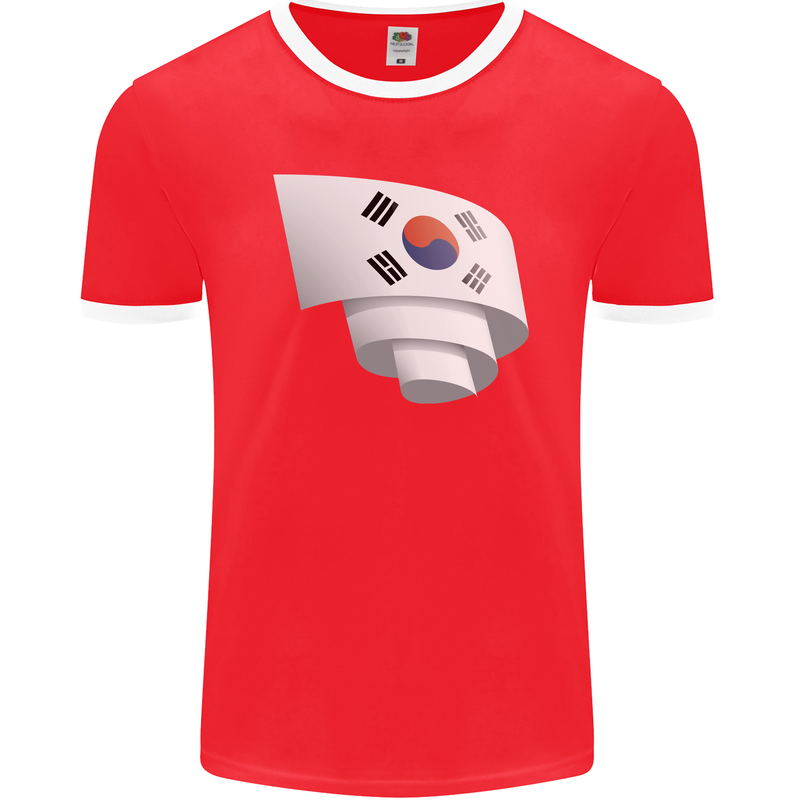 Curled South Korea Flag Korean Day Football Mens Ringer T-Shirt FotL Red/White