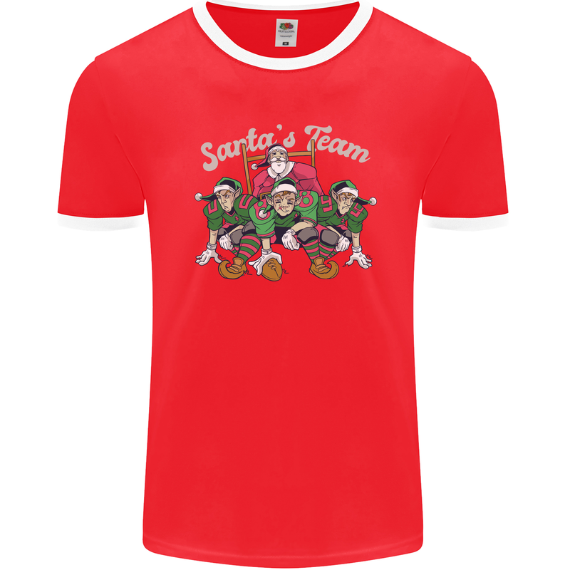 Santa American Football Team Christmas Xmas Mens Ringer T-Shirt FotL Red/White