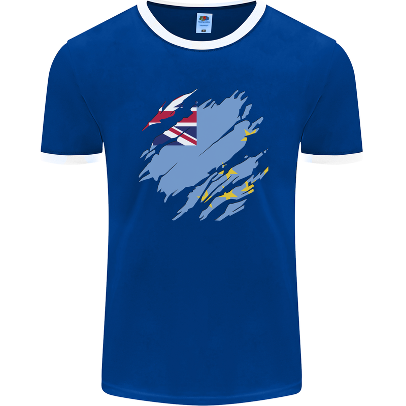 Torn Tuvalu Flag Tuvaluan Day Football Mens Ringer T-Shirt FotL Royal Blue/White