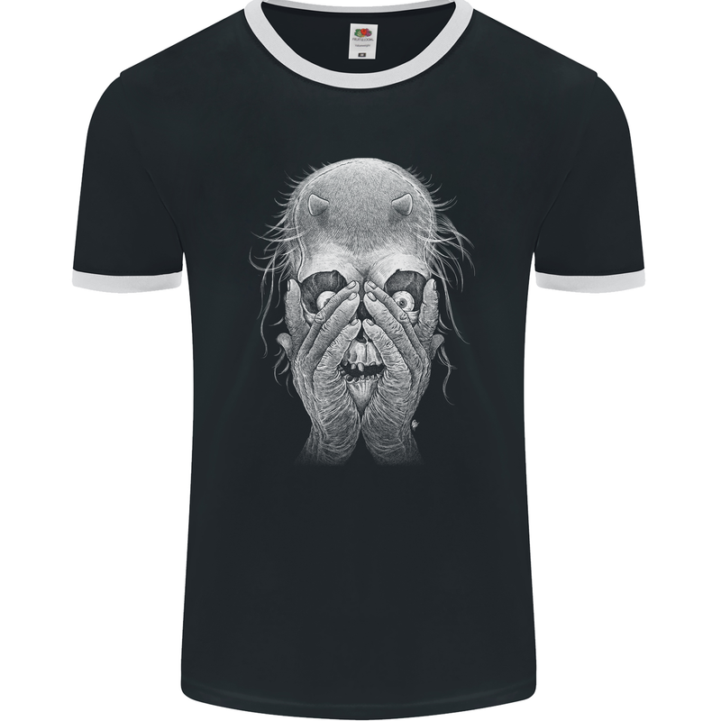 Peekaboo Demon Devil Skull Mens Ringer T-Shirt FotL Black/White