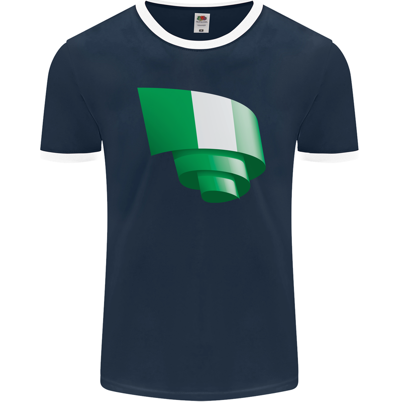 Curled Nigeria Flag Nigerian Day Football Mens Ringer T-Shirt FotL Navy Blue/White