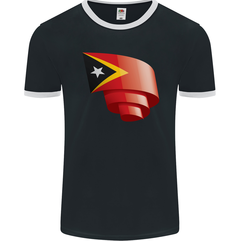 Curled East Timor Flag Day Football Mens Ringer T-Shirt FotL Black/White