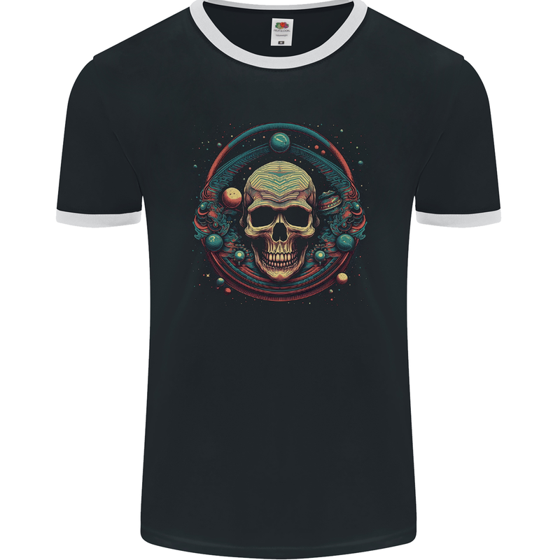 Astro Skull Planets Universe Space Mens Ringer T-Shirt FotL Black/White