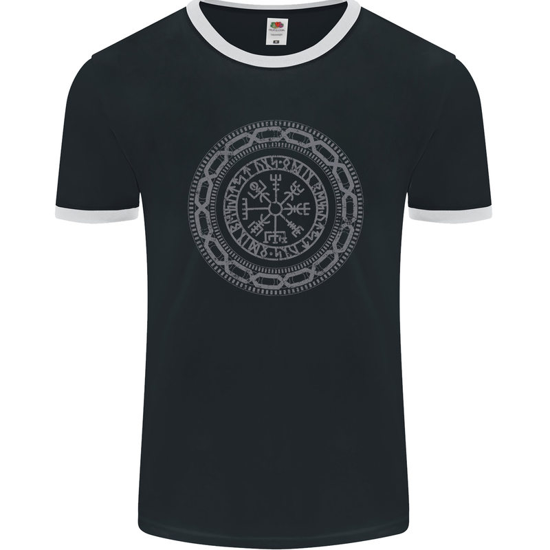 Viking Symbol Vegvisir Grey Gym Mens Ringer T-Shirt FotL Black/White