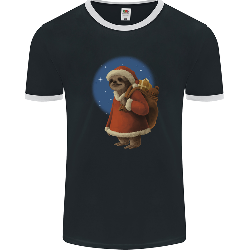 Santa Sloth Funny Christmas Xmas Mens Ringer T-Shirt FotL Black/White