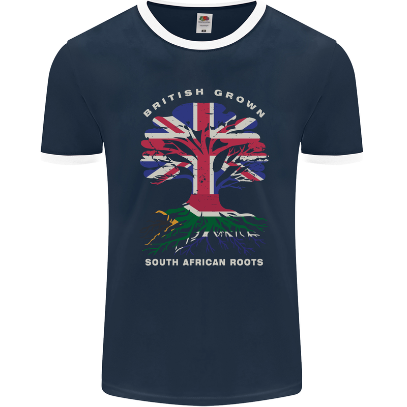 British Grown South African Roots Africa Flag Mens Ringer T-Shirt FotL Navy Blue/White