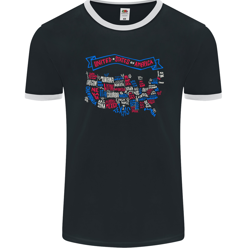 USA State Map United States of America Mens Ringer T-Shirt FotL Black/White