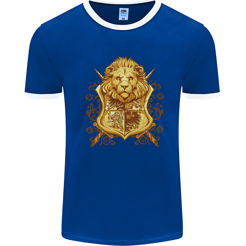 A Heraldic Lion Coat of Arms Shield Mens Ringer T-Shirt Royal Blue/White