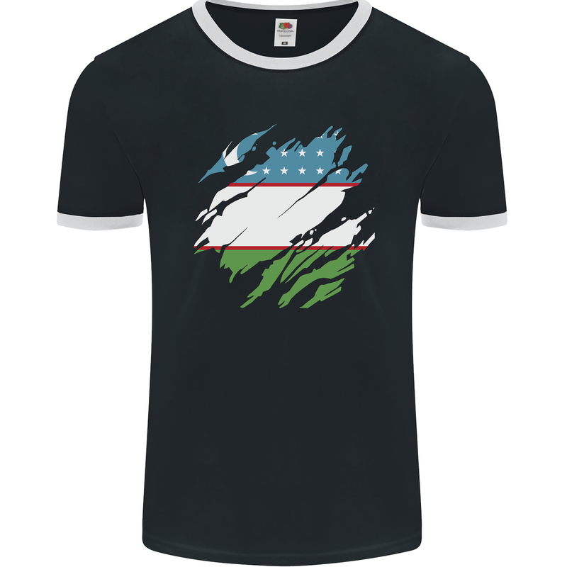 Torn Uzbekistan Flag Ukbek Day Football Mens Ringer T-Shirt FotL Black/White