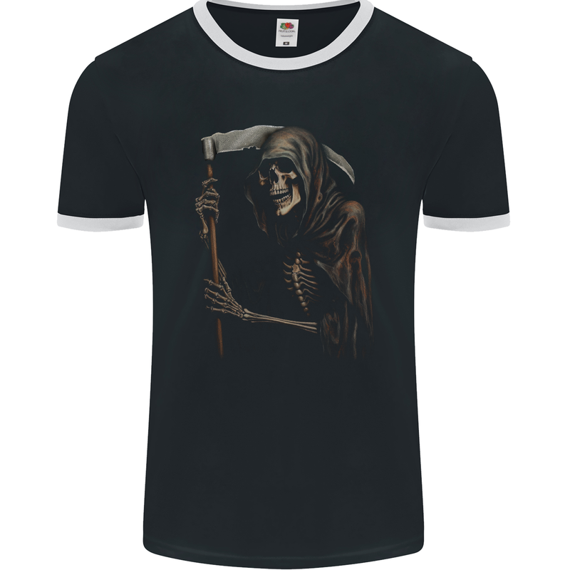 Grim Reaper Gothic Heavy Metal Skull Mens Ringer T-Shirt FotL Black/White