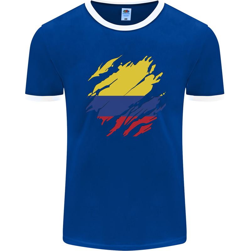 Torn Columbia Flag Columbian Day Football Mens Ringer T-Shirt FotL Royal Blue/White