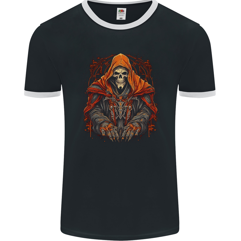 Grim Reaper in Medieval Satanic Robes Mens Ringer T-Shirt FotL Black/White