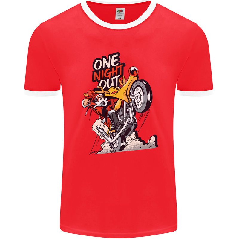 Biker Santa One Night Out Christmas Motorcycle Mens Ringer T-Shirt FotL Red/White