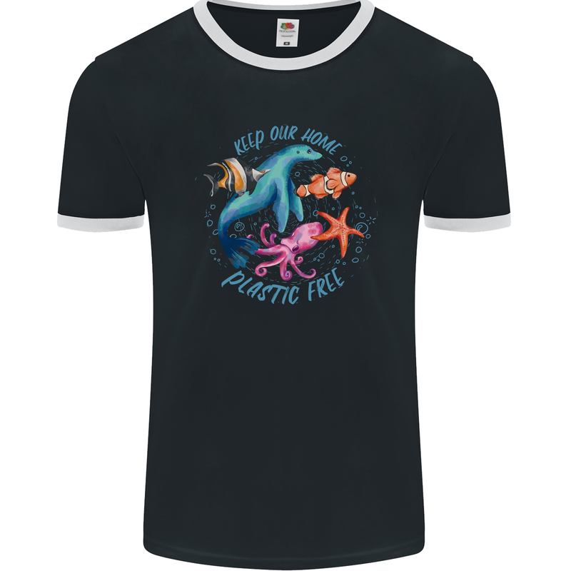 Plastic Free Climate Change Octopus Ocean Fish Mens Ringer T-Shirt FotL Black/White