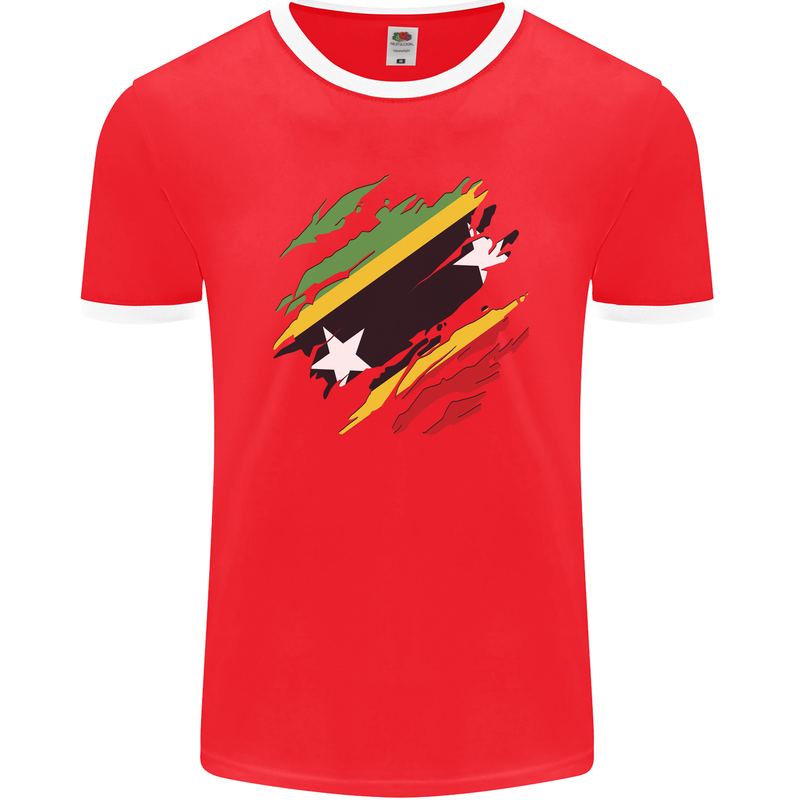 Torn Saint Kitts and Nevis Flag Day Football Mens Ringer T-Shirt FotL Red/White