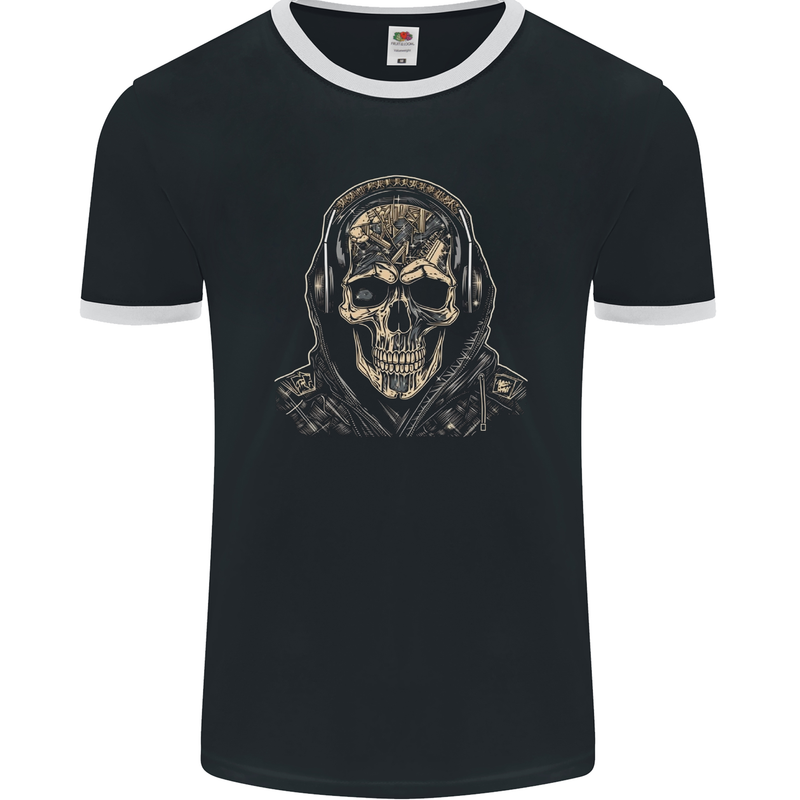 Urban Skull With Headphones Mens Ringer T-Shirt FotL Black/White