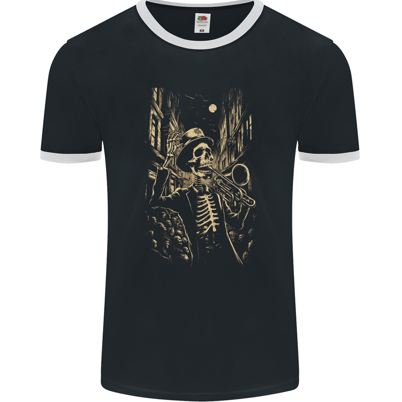 Day of the Dead Skeleton Trumpet DOTD Skull Mens Ringer T-Shirt FotL Black/White