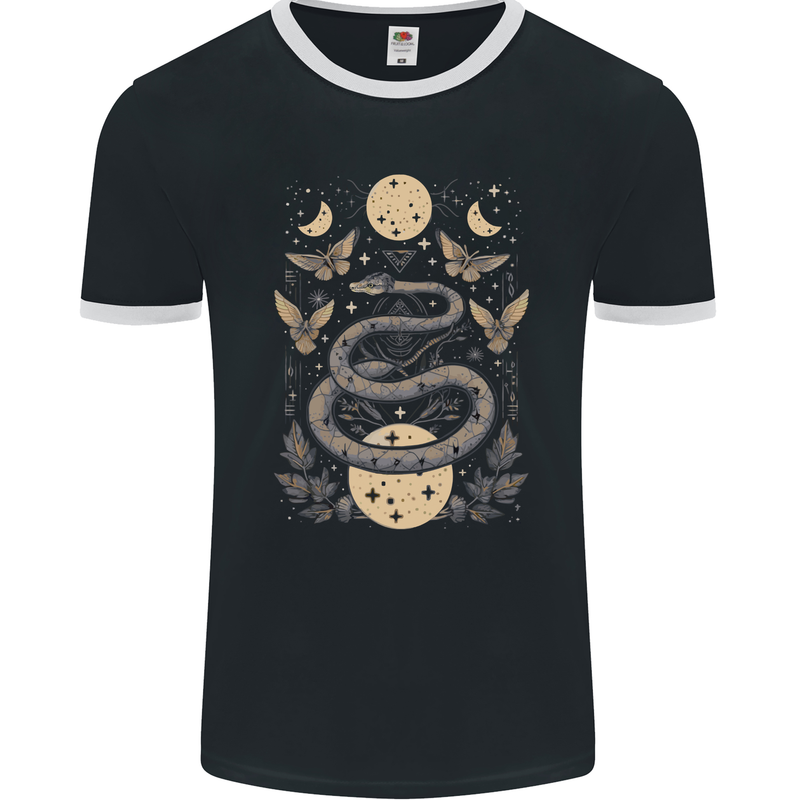 Celestial Snakes & Butterfies Pagan Earth Moon Mens Ringer T-Shirt FotL Black/White