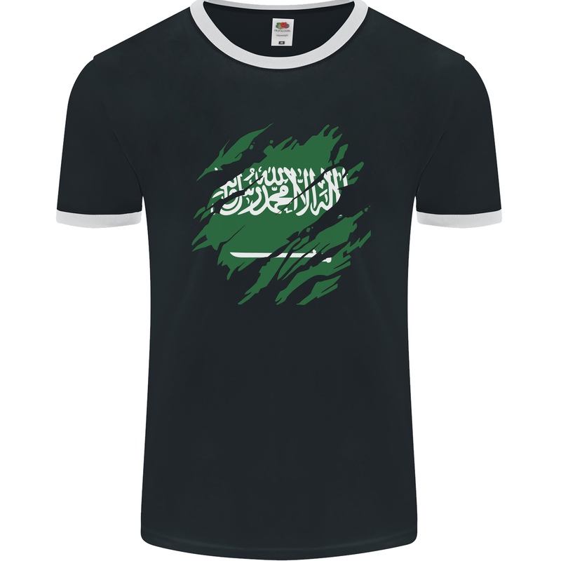 Torn Saudi Arabia Flag Arabian Day Football Mens Ringer T-Shirt FotL Black/White