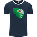 Curled Brazil Flag Brazilian Day Football Mens Ringer T-Shirt FotL Navy Blue/White