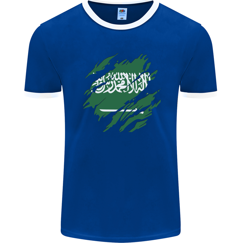 Torn Saudi Arabia Flag Arabian Day Football Mens Ringer T-Shirt FotL Royal Blue/White