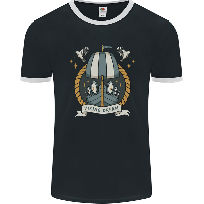 Viking Dream Ship Mens Ringer T-Shirt FotL Black/White