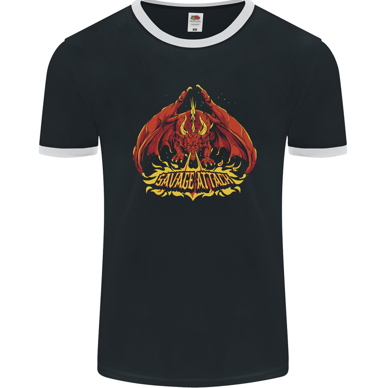 Savage Attack Fantasy Dragon Mens Ringer T-Shirt FotL Black/White