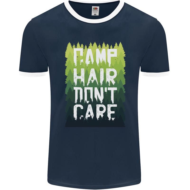 Camp Hair Dont Care Funny Camping Caravan Mens Ringer T-Shirt FotL Navy Blue/White