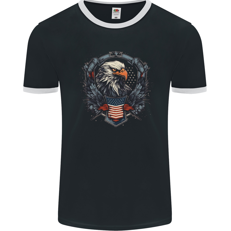 American Eagle With USA Flag Shield Mens Ringer T-Shirt FotL Black/White