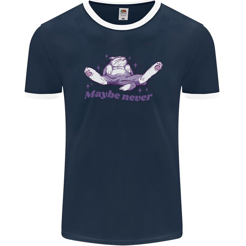 Maybe Never Lazy Cat Sleeping Mens Ringer T-Shirt FotL Navy Blue/White