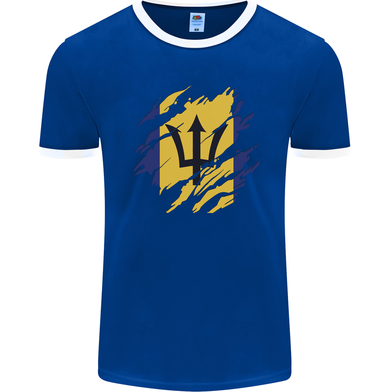 Torn Barbados Flag Barbadians Day Football Mens Ringer T-Shirt FotL Royal Blue/White