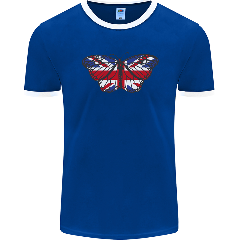 Union Jack Butterfly British Britain Flag Mens Ringer T-Shirt FotL Royal Blue/White