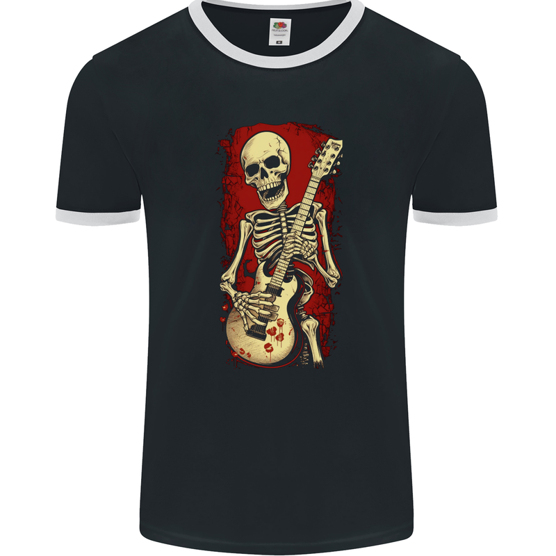 Guitar Playing Skeleton Rock Music Skull Mens Ringer T-Shirt FotL Black/White